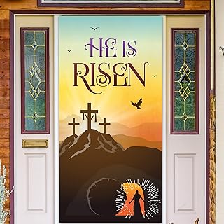 He is Risen Door Cover--Happy Easter Supplies,Jesus Door Hanging Backdrop for Religious Resurrection Decoration(Door Banner)