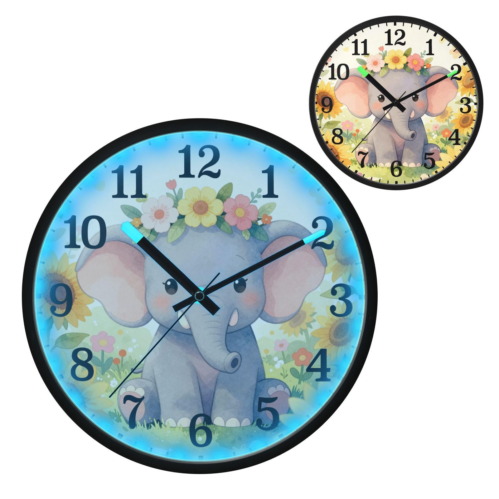 Mur analogique mignon bébé éléphants tournesol jaune son sensible lueur