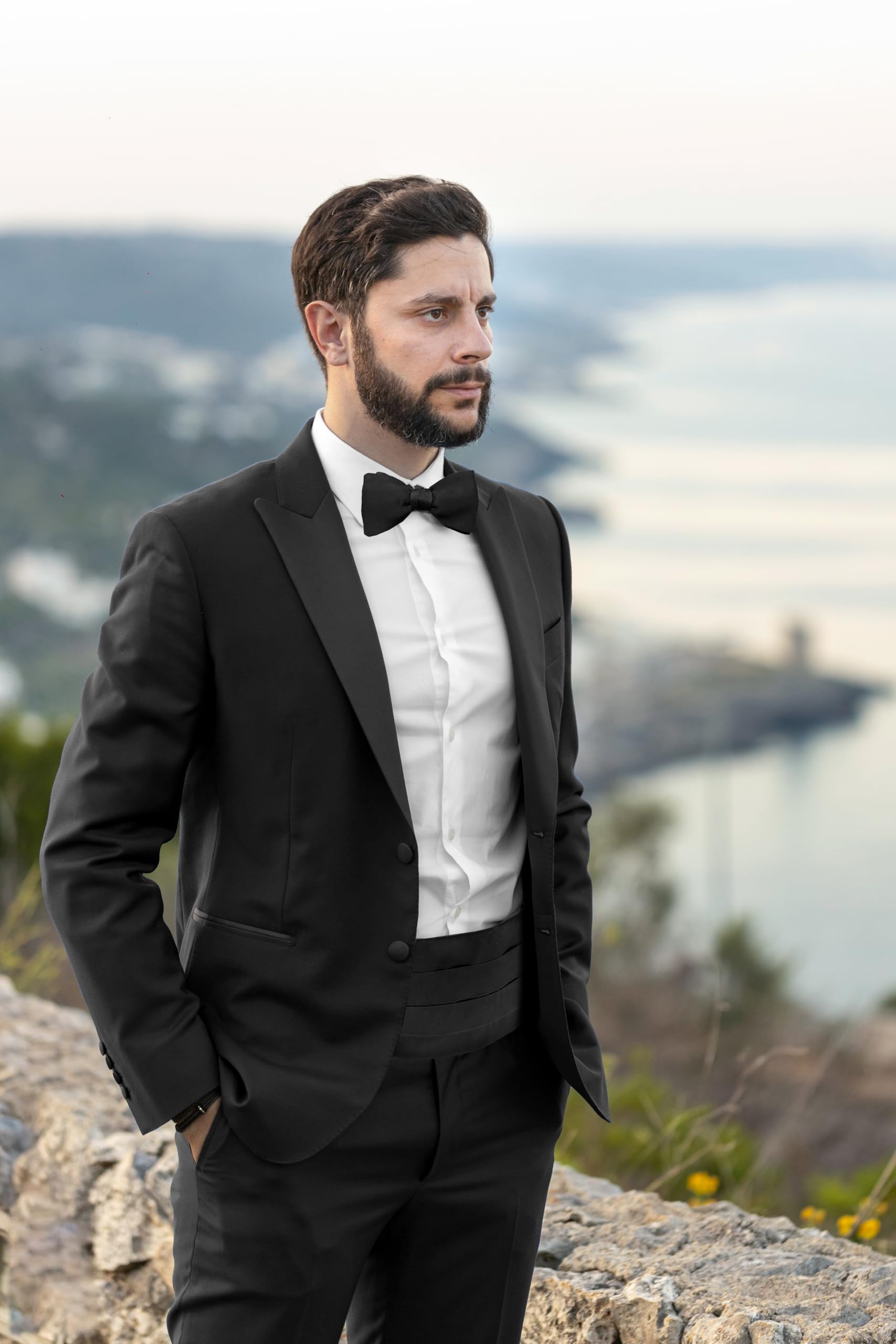Remo Sartori - Set Fusciacca Fascia da Smoking e Papillon da Annodare in Seta Nero,4 Pieghe, Chiusura Regolabile, Made in Italy,Uomo