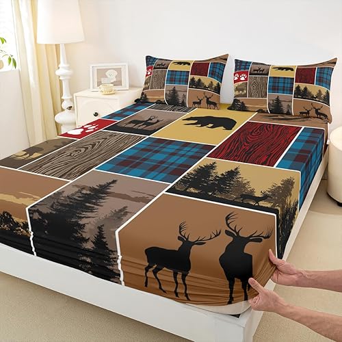 Miniatura 282 de Sábana bajera ajustable de oso de caza, juego de ropa de cama a cuadros de búfalo, sábanas de retazos de cabaña rústica para niños, niños, Multi