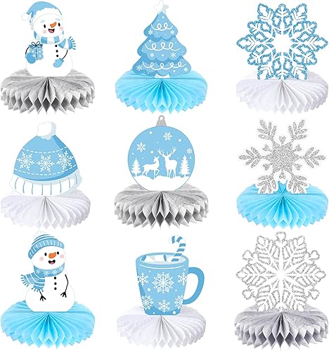 9 piezas de mesa de invierno centros de mesa de panal de abeja con copos de nieve, decoraciones de fiesta de invierno para temática de invierno,