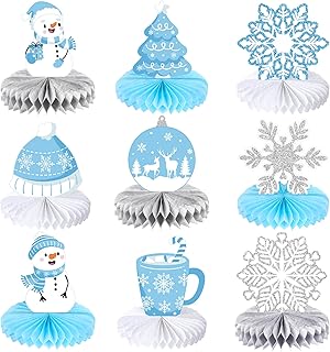 9 Pcs Winter Christmas Honeycomb Centerpieces Blue Snowflake Honeycomb Party Decorations Snowman Winter Centerpieces Table Decorations for Winter Xmas Birthday Baby Shower Party Supplies