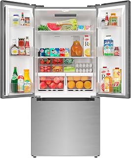 30-Inch Counter Depth French Door Refrigerator, 18.5 Cu. Ft. 3-Door Stainless Steel Fridge with Deep Freezer Drawers, Humidity-Control Crispers, Digital Temperature Control (KM-RERFDSS-18C)