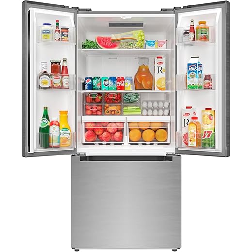 30-Inch Counter Depth French Door Refrigerator, 18.5 Cu. Ft. 3-Door Stainless Steel Fridge with Deep Freezer Drawers, Humidity-Control Crispers, Digital Temperature Control (KM-RERFDSS-18C)