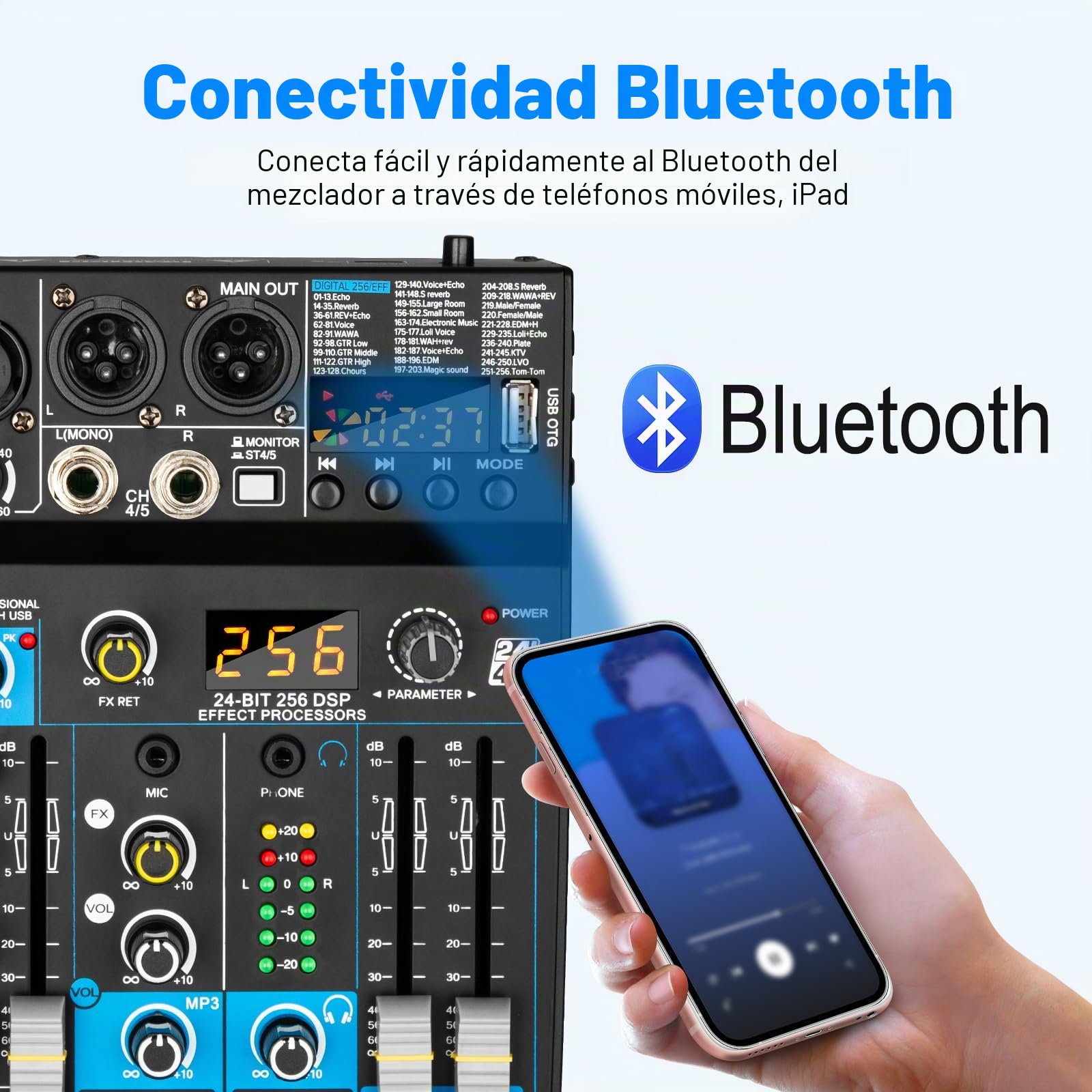 Depusheng BF6 Mezclador de audio profesional, efectos digitales, DSP de 256 bits, USB, Bluetooth, MP3, mezclador de DJ para computadora, interfaz de entrada de 5 canales con alimentación fantasma