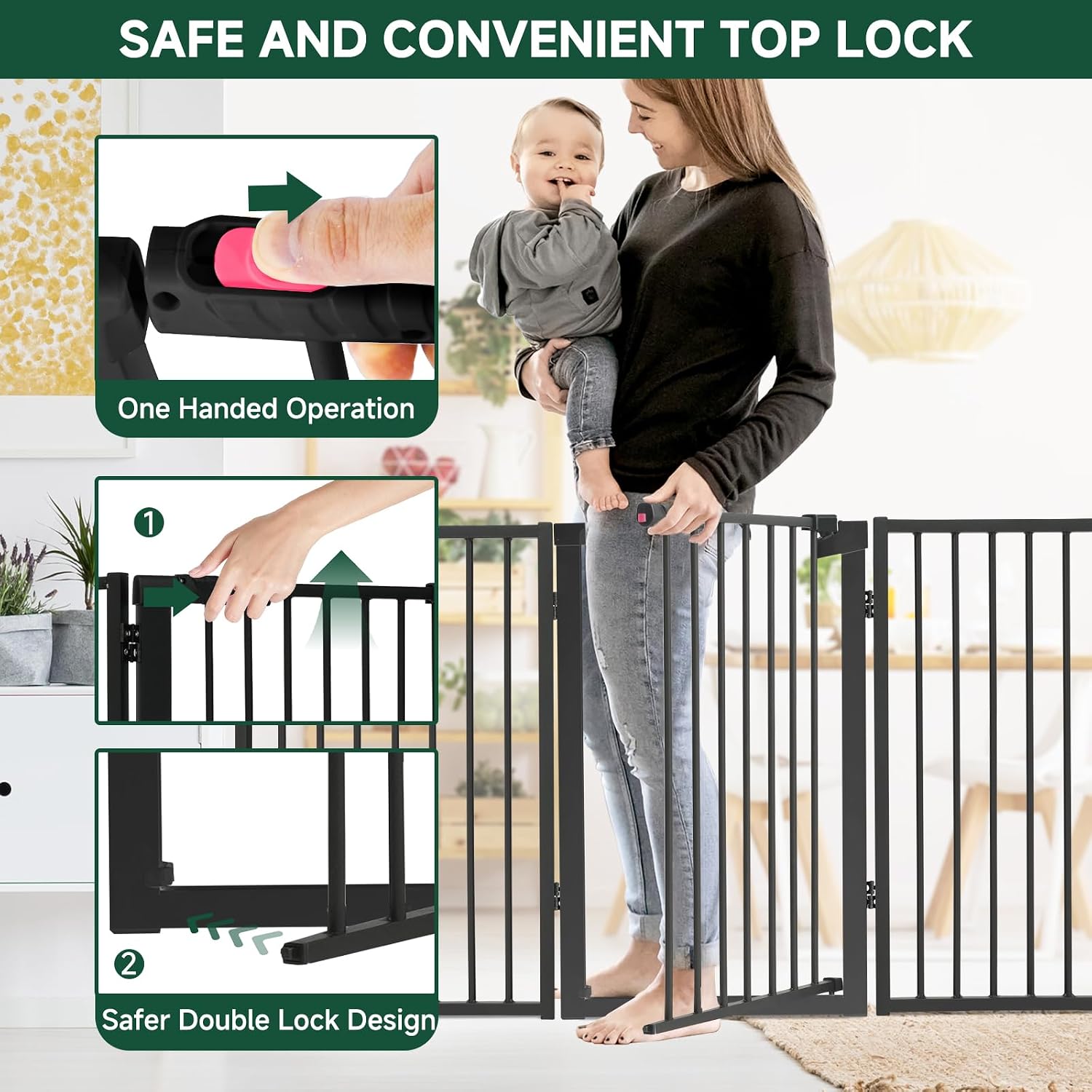 Snagle Paw Metal Freestanding Dog Gate with Door,80” W x 36” H Dog Fence with Support Feet for Doorways, Stairs and Hallways, Portable Pet Gate for Indoor Use (4 Panel, Black)