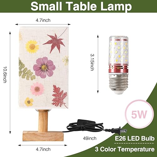 Miniatura 8 de Lámpara de mesa de flores secas 5W LED 3Color Temperaturas Pressed Flower Night Lamp Square Linen Shade con base de madera para dormitorio sala de