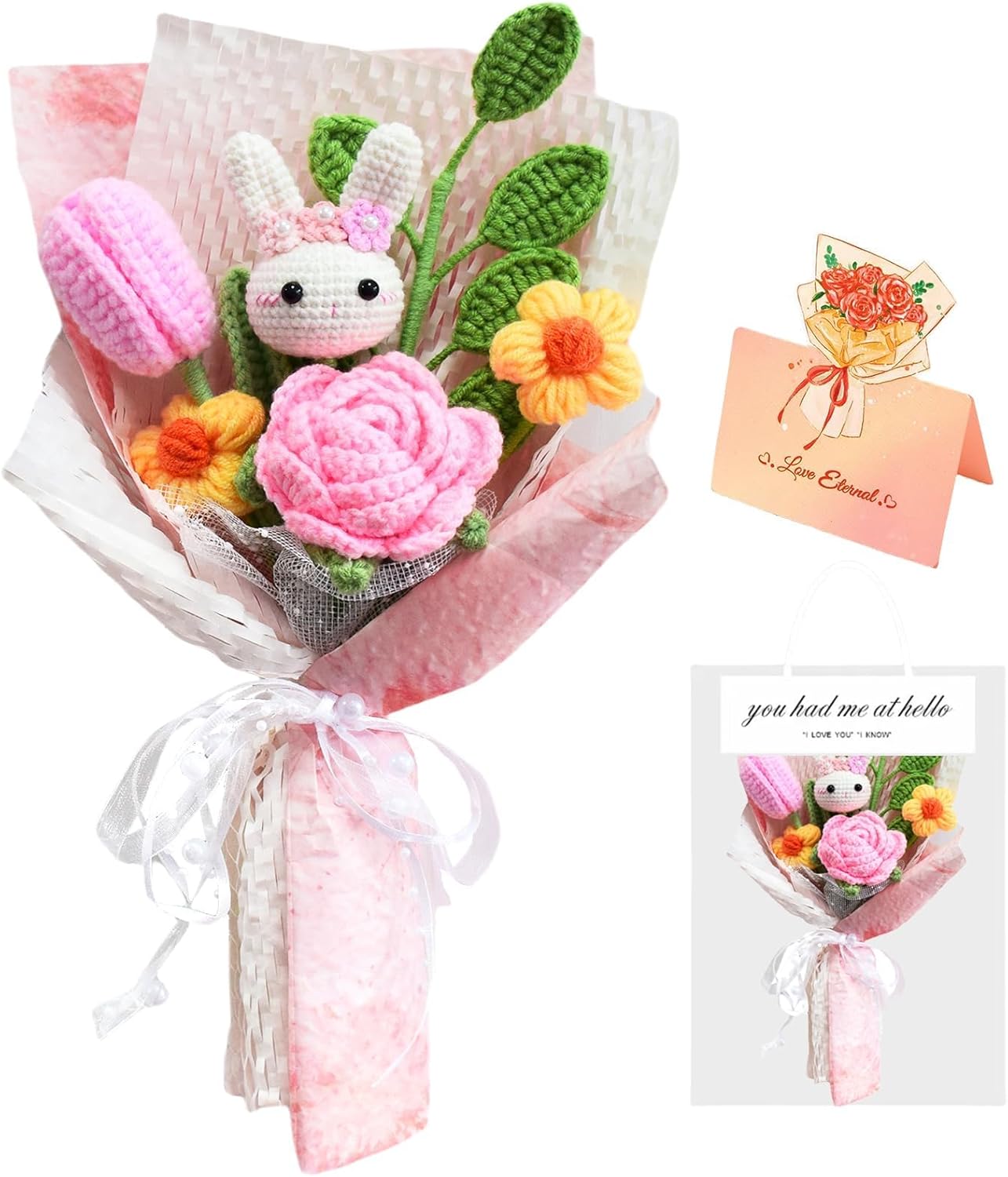 Crochet Flowers with Bunny, Cute Plush Rabbit Easter Gift,Knitted Rose Bouquet Pink, Cute Handmade Flowers Gift for Women Girl Daughter Dancer Birthday Graduation Home Decor (Pink)