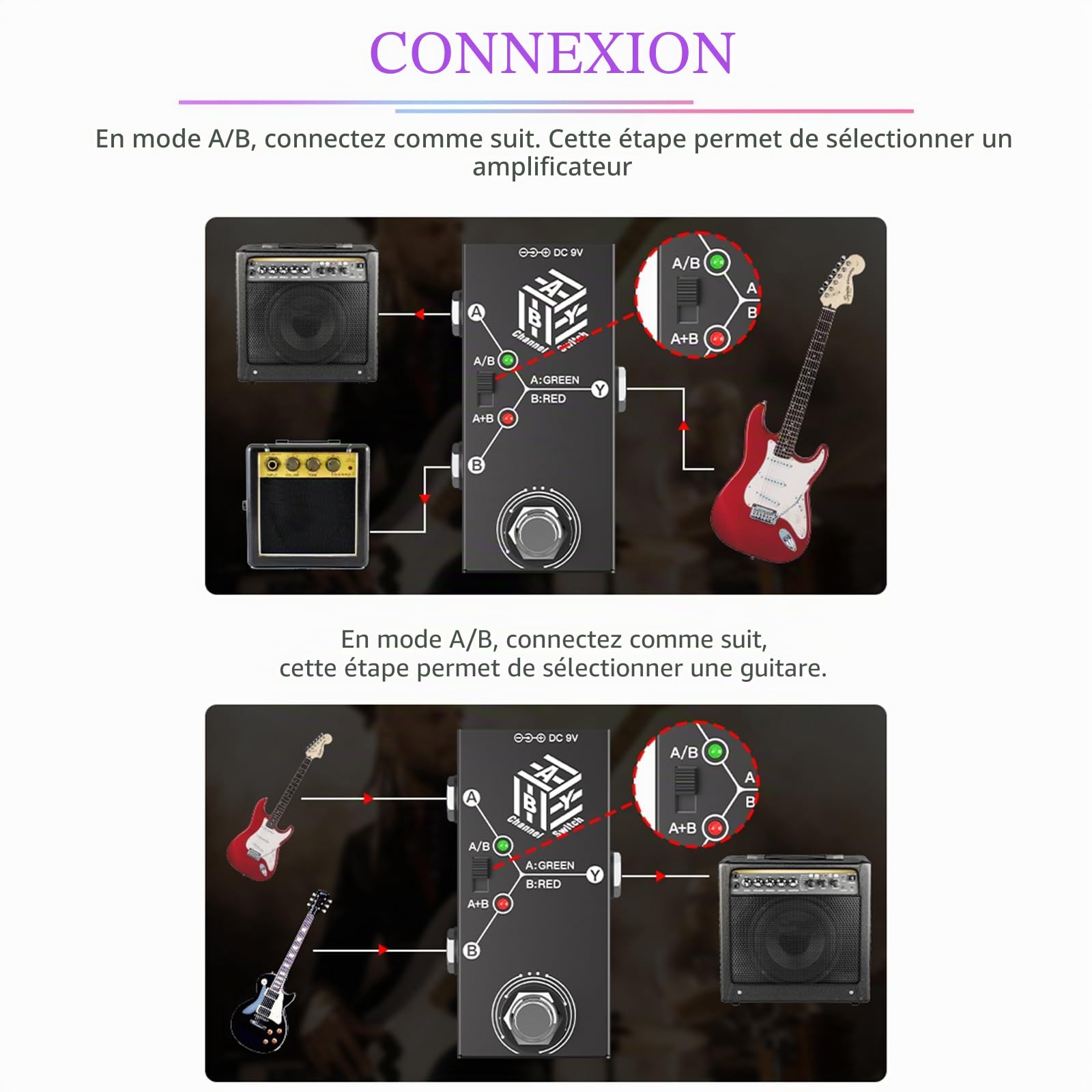 Btuty Pédales de guitare ABY Box Sélecteur de ligne AB Pédale Effet Pour Guitare Transmission Bidirectionnelle Boîtier Métallique Soutien Antidérapant Mode A/B ou A et B