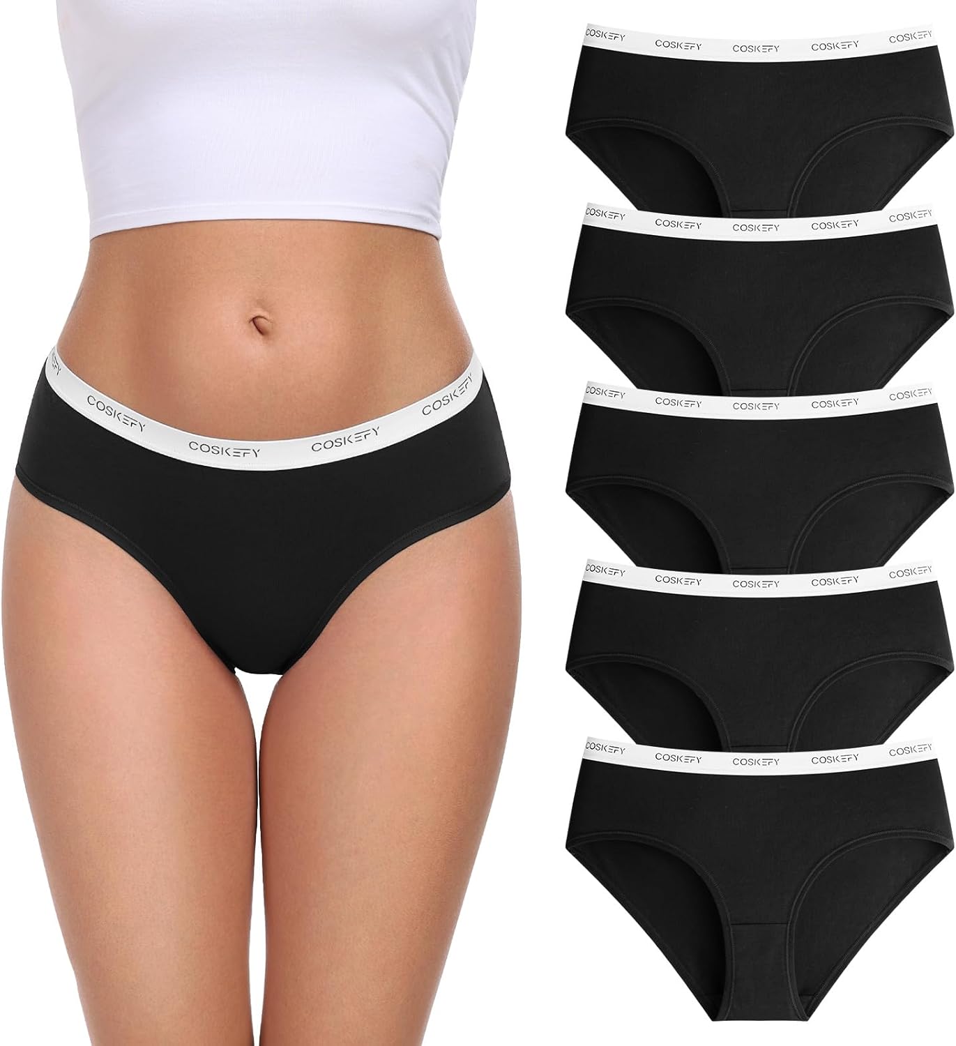 coskefy Women's Underwear Cotton Breathable Hipster Panties Soft Low Rise Bikini Ladies Workout Briefs 5 Pack