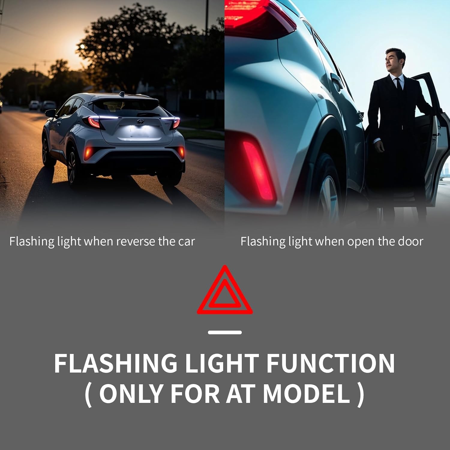 Car on a highway with an exclamation mark, indicating automatic unlock during emergency