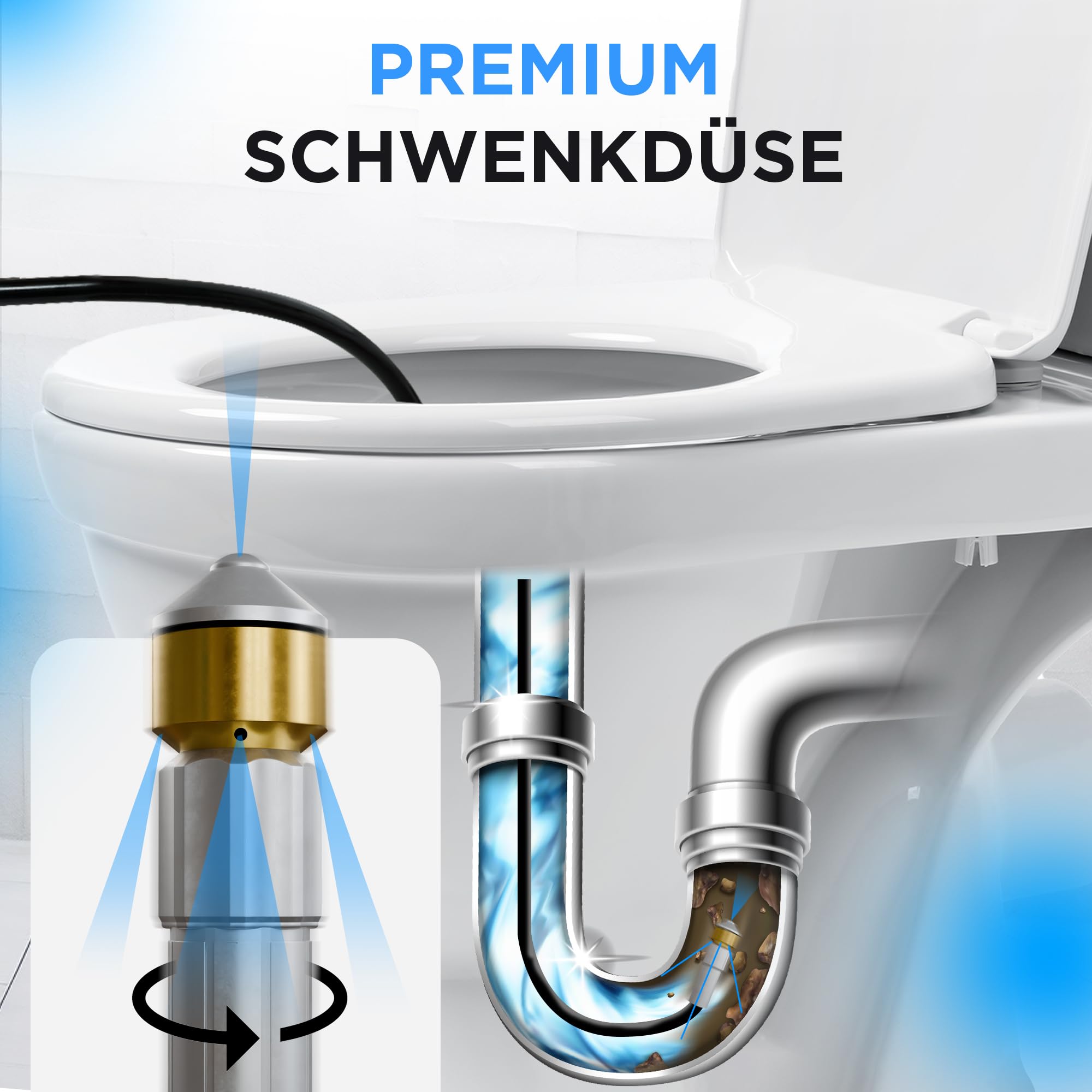 Rohrreinigungsschlauch 15m | Kärcher Rohrreinigungsschlauch für Karcher K2-K7, Lavor, Bosch, Parkside und weitere Marken | Inklusive 3 Adapter, 2 Düsen, 1 Tasche und 1 Teflonband