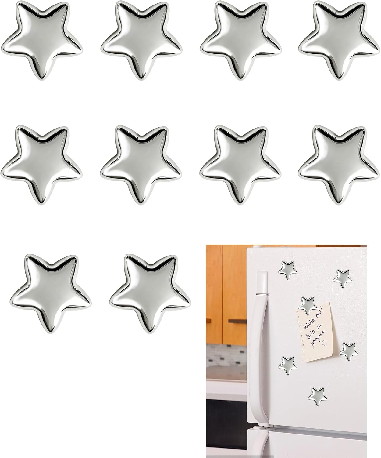 10 Pcs Silver Star Refrigerator Magnets, Small Fridge Magnets for Kitchen