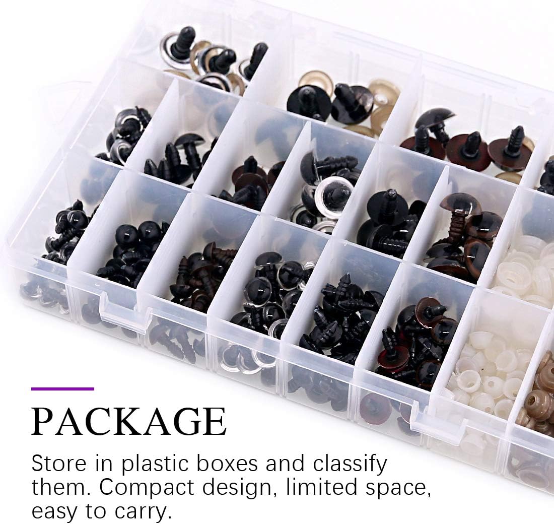 ◕‿◕ Swpeet 198 Pcs Assorted Sizes 3 Color Plastic Safety Eyes and 10 Pcs Noses Set for Doll, Puppet, Plush Animal Making and Teddy Bear