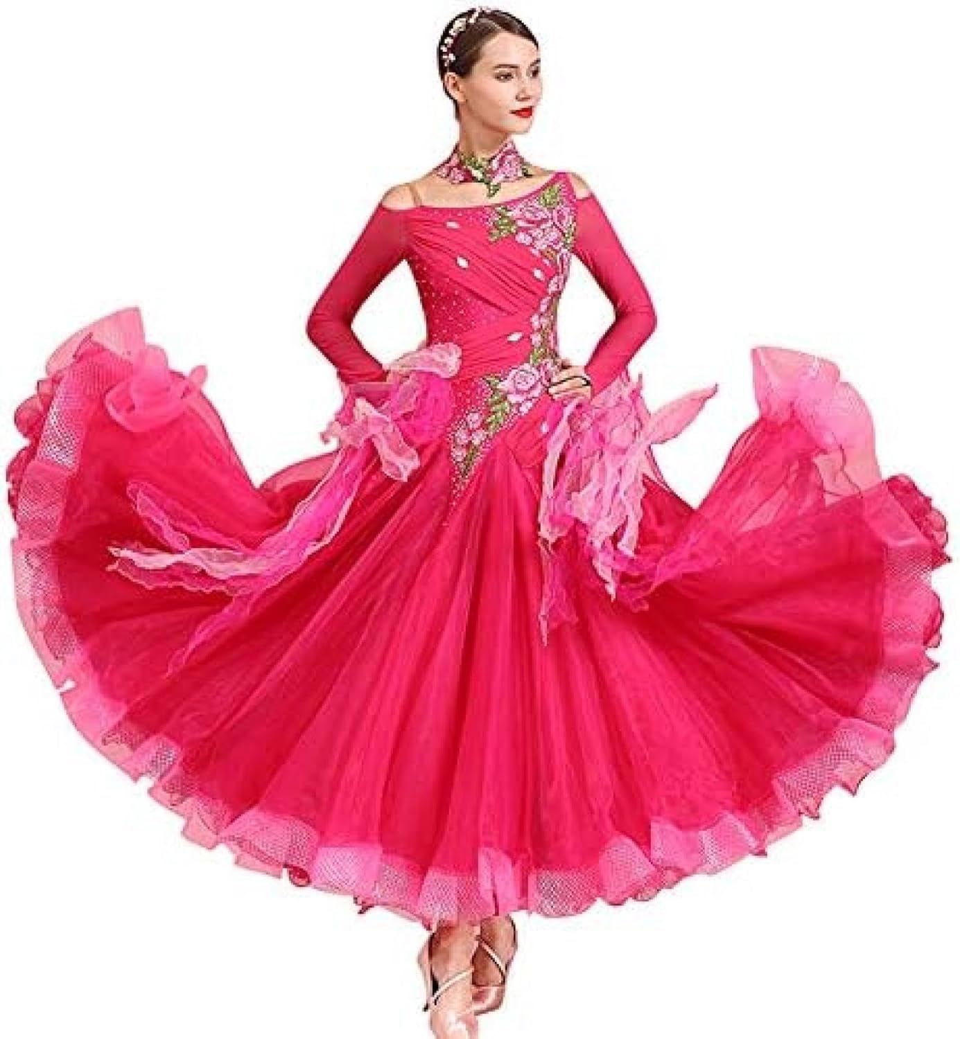 Amazon.co.jp: [売店] ローズ 薔薇柄 肩が出し ワンピース 社交ダンス