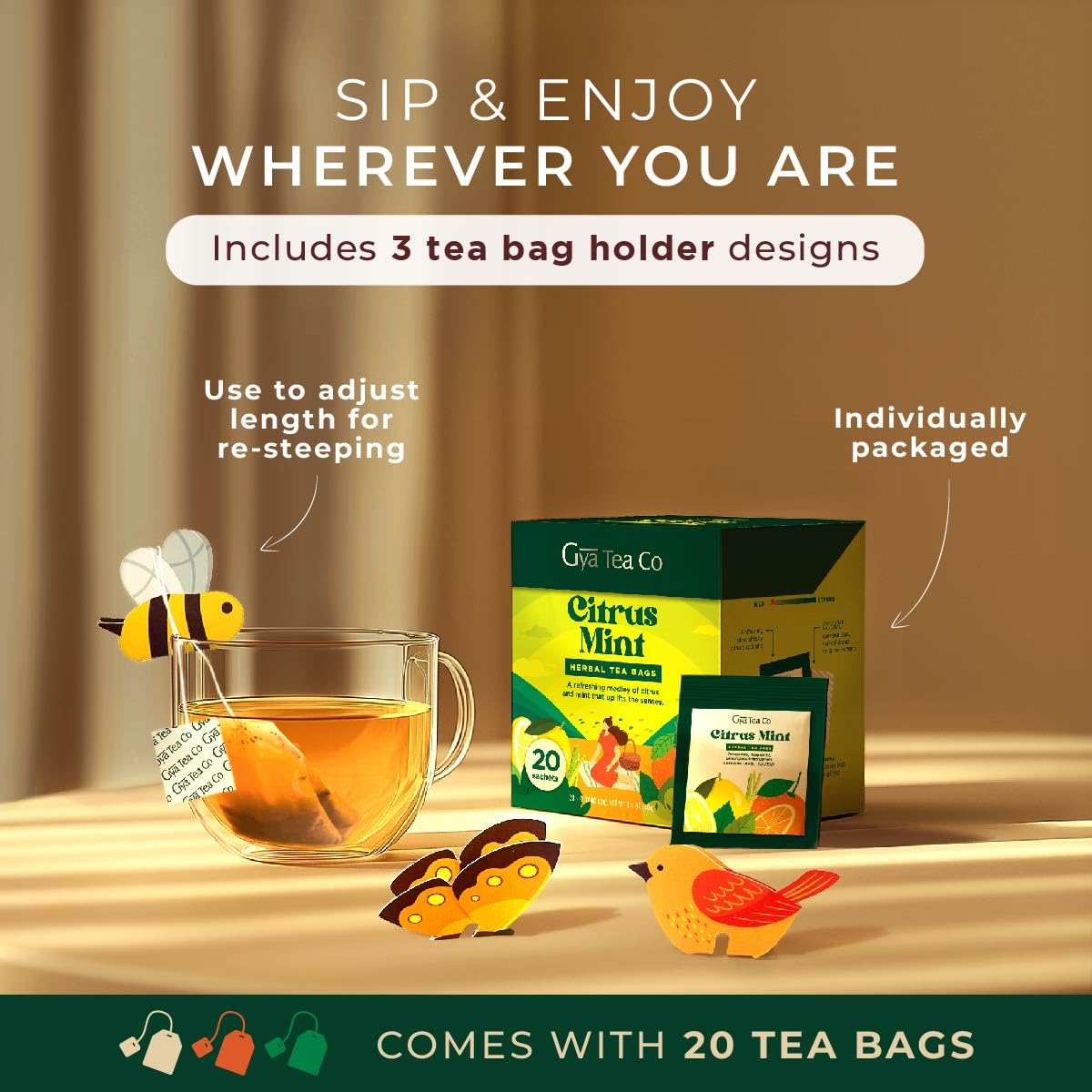 Gya Tea Co Citrus Mint Herbal Tea Bags (20 Bags) - Caffeine Free with a Tangy Flavor for All Day Comfort, Calming, Relaxing & Nourishing - Fruit & Herbal Blends thumbnail