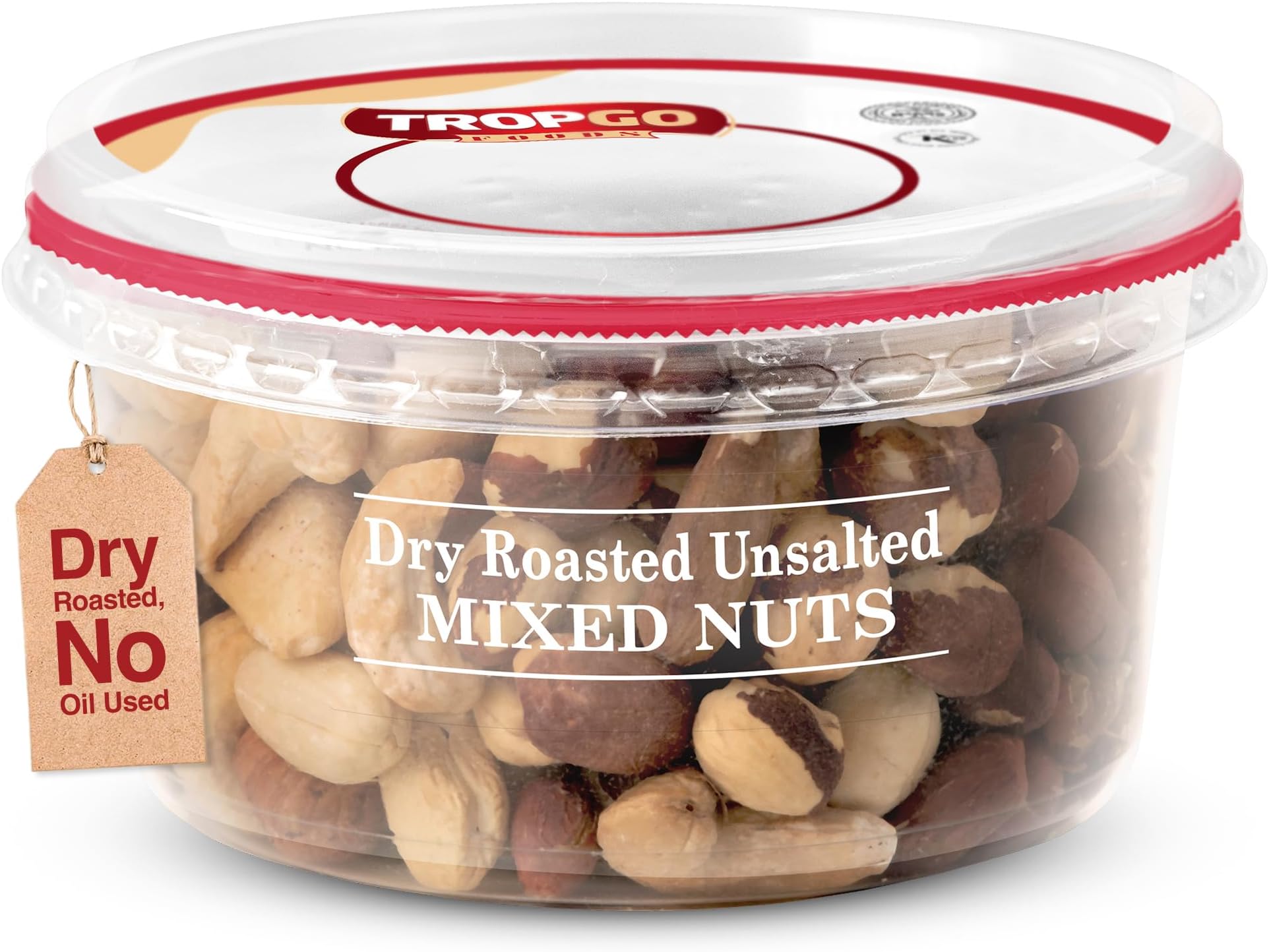 Tropgo Dry Roasted Unsalted Mixed Nuts 190g - Dry Roasted, No Oil Used, Nuts in Resealable and Recyclable Tub - Healthy Snacks, Wholesome Trail Mix with Fibre, Protein, and Essential Minerals