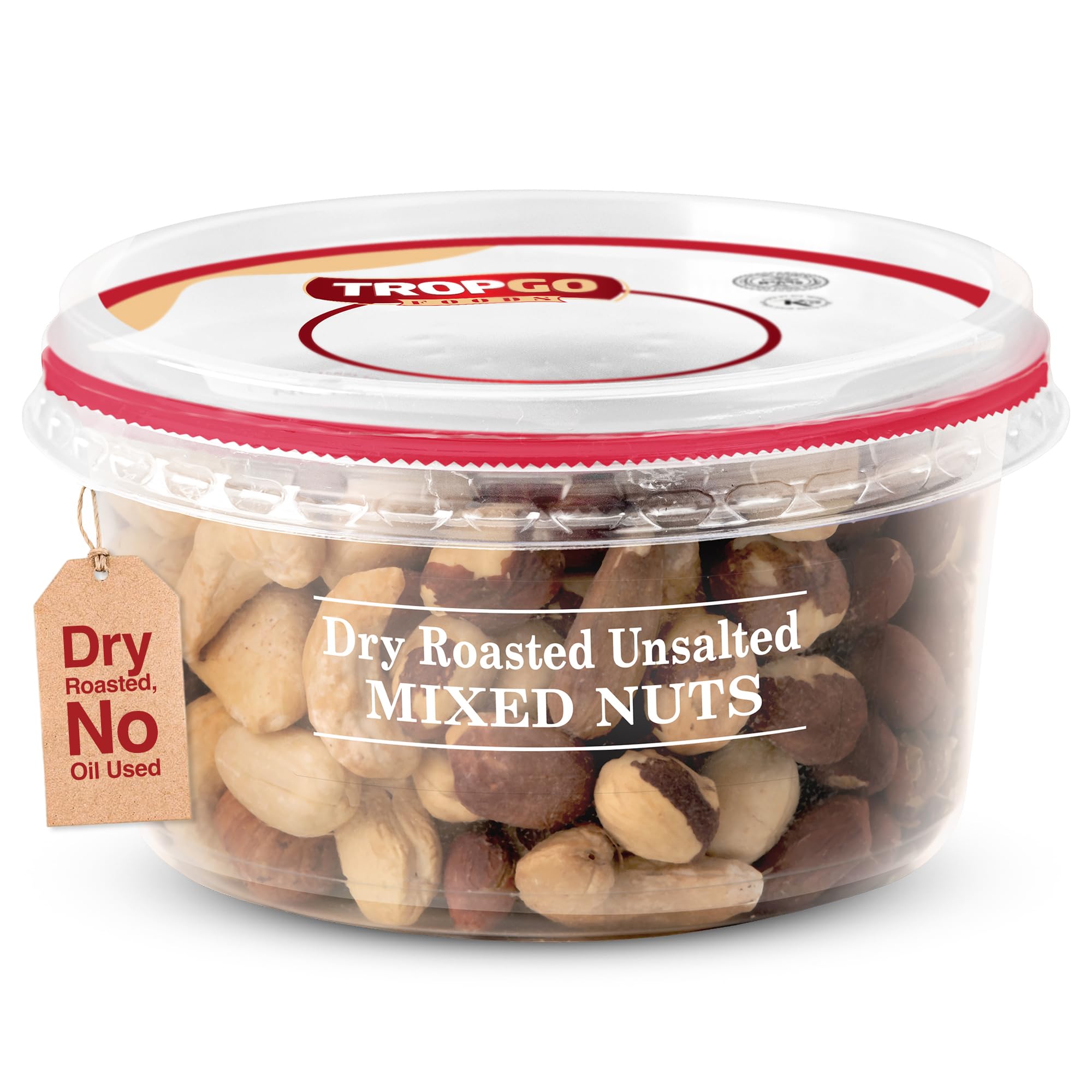 Tropgo Dry Roasted Unsalted Mixed Nuts 190g - Dry Roasted, No Oil Used, Nuts in Resealable and Recyclable Tub - Healthy Snacks, Wholesome Trail Mix with Fibre, Protein, and Essential Minerals