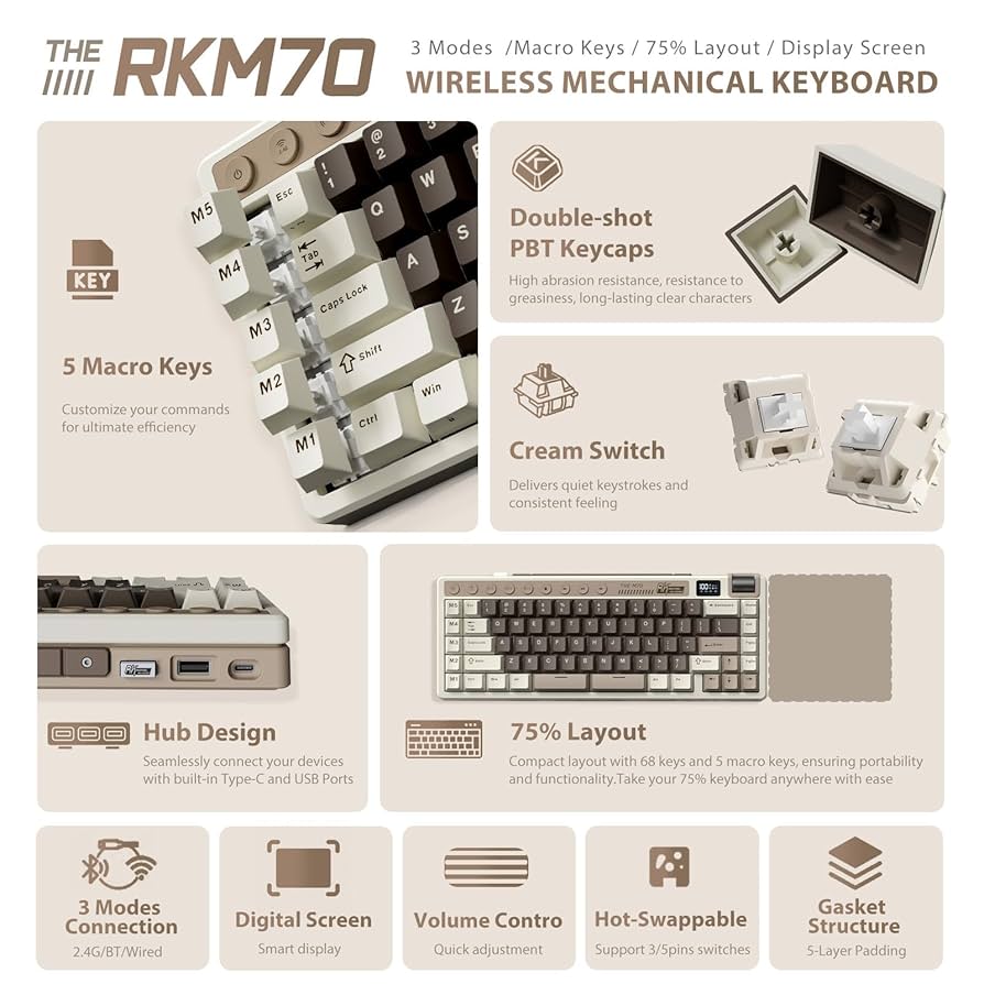 RK M70 メカニカルキーボード 本体 Amazon.com: RK ROYAL KLUDGE M70 Wireless Mechanical Keyboard
