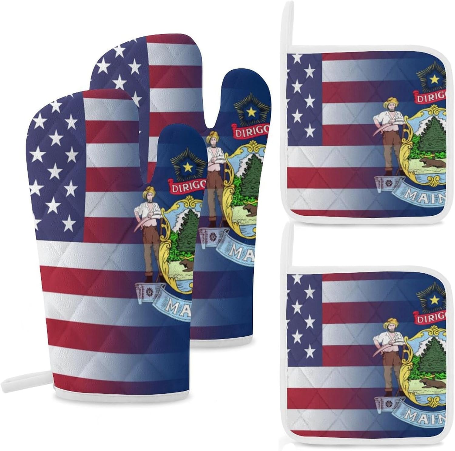 U.S.A Maine State Flag Oven Mitts and Pot Holders 4Pcs Set Heat Resistant Cooking Mitts Hot Pads