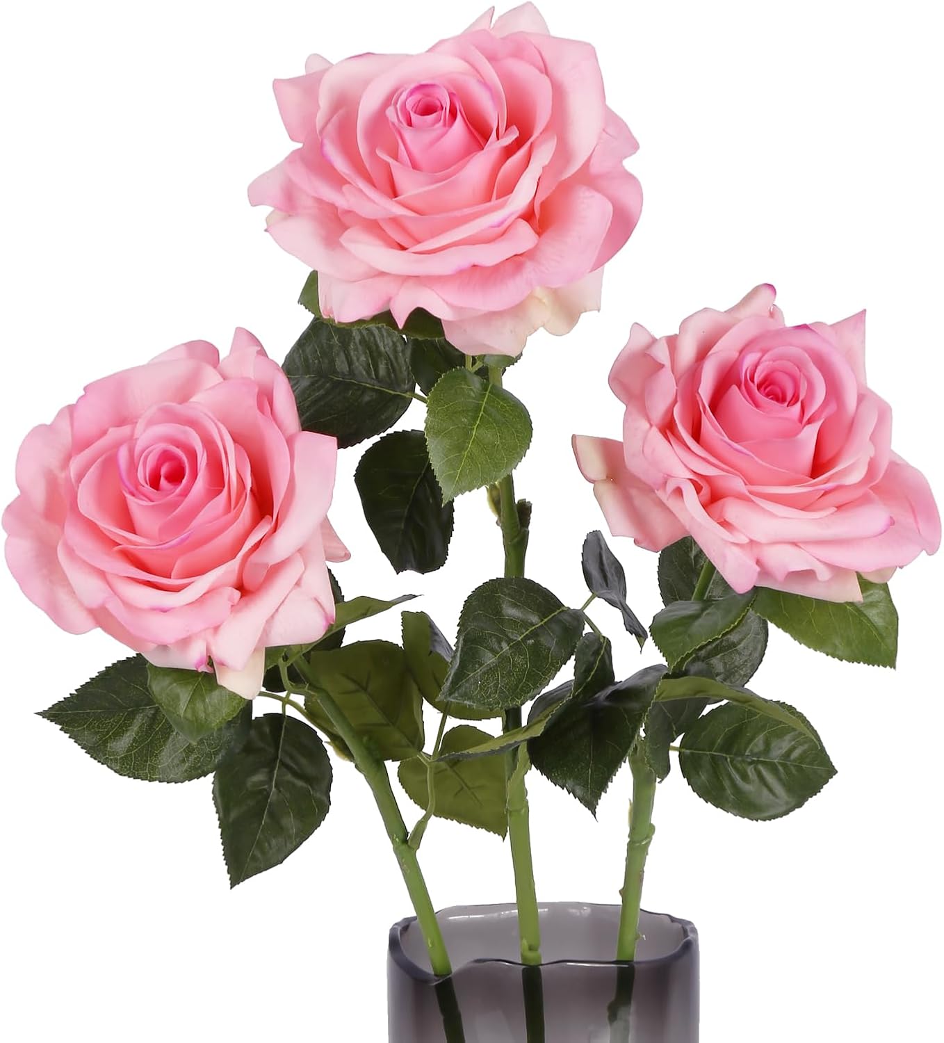 ICBOX 3PCS Real Touch Fake Roses Pink Flower 4.72" Large Faux Rose Realistic Artificial Flowers 25.6" Long Stem Pink Silk Rose for Wedding Table Centerpieces Home Party Decoration (Pink)