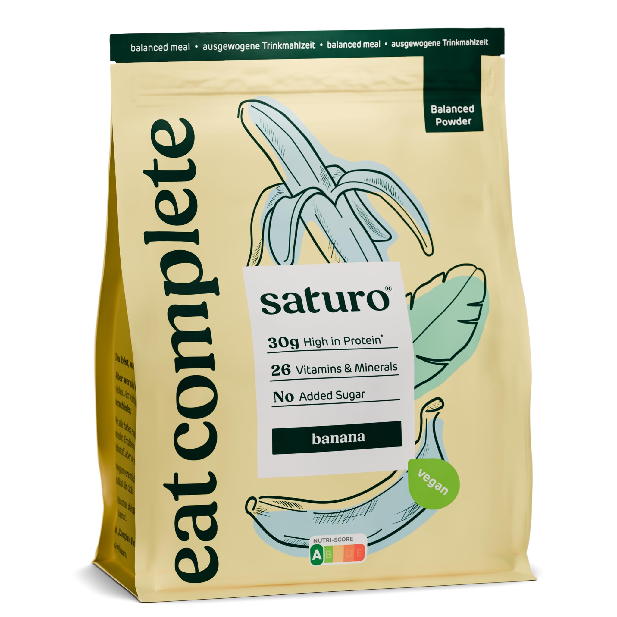Saturo Trinkmahlzeit - Vegane Trinknahrung als Mahlzeitersatz - Banana | Blanced Powder mit reichlich Protein & 5600 kcal | Pulver mit wertvollen Nährstoffen | 14 Shakes, 1,4kg
