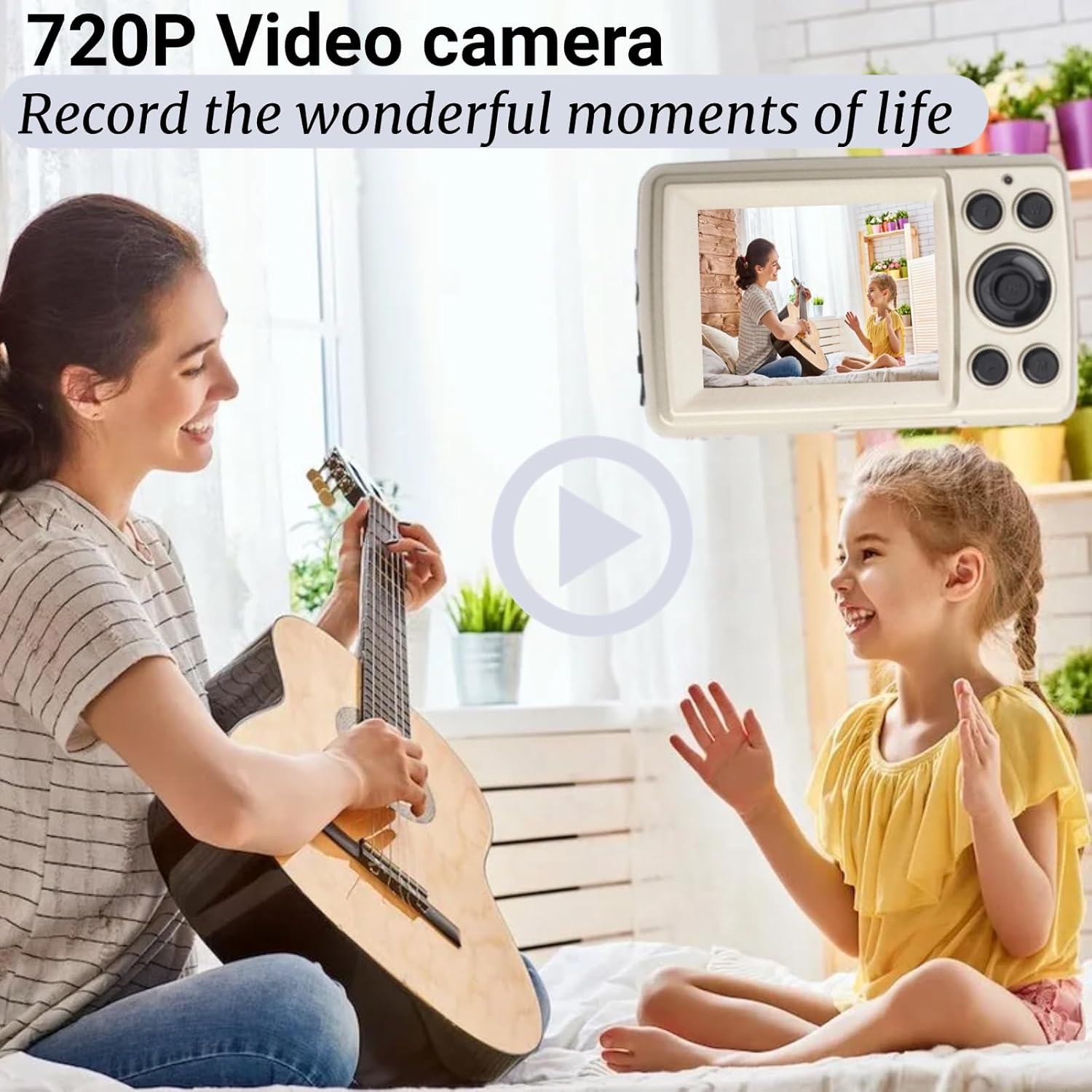 Camera screen displaying a woman playing guitar with a child, illustrating 720P video recording