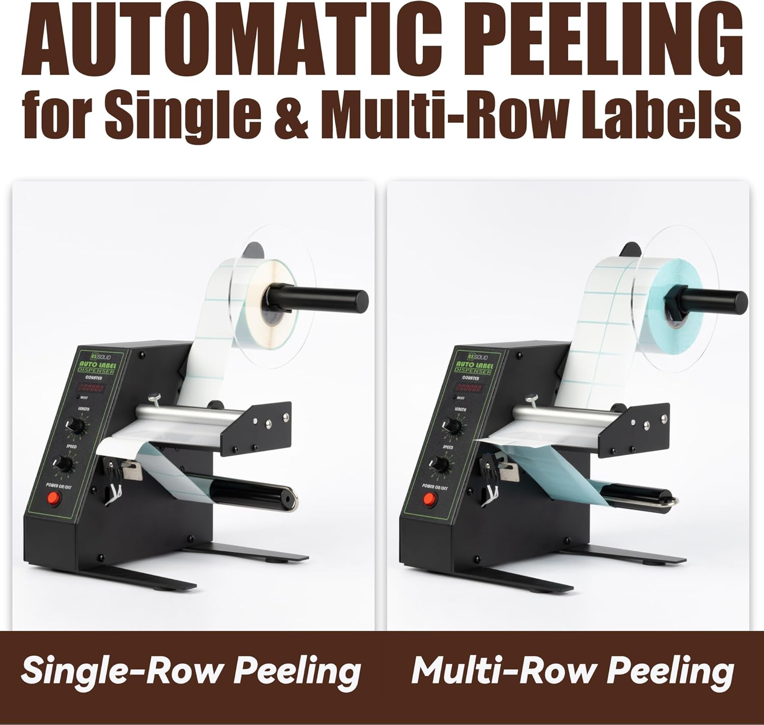 U.S. Solid Automatic Label Dispenser | Multi-Row Auto Counting 0-999999 | Label Width 0.16-5.51 in, Length 0.12-5.91 in | Adjustable Speed