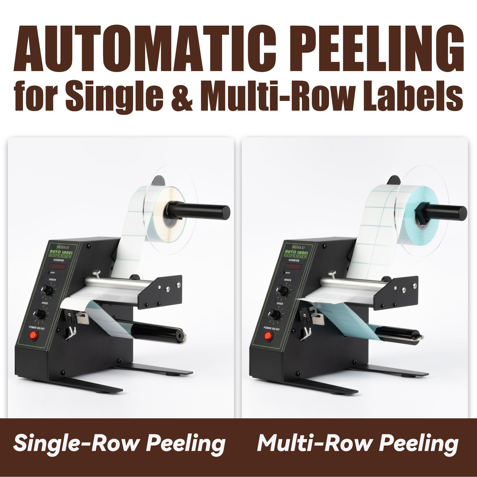 U.S. Solid Distributore automatico di etichette con contatore (0–999999) – Larghezza 4–140 mm, lunghezza 3–150 mm, velocità regolabile