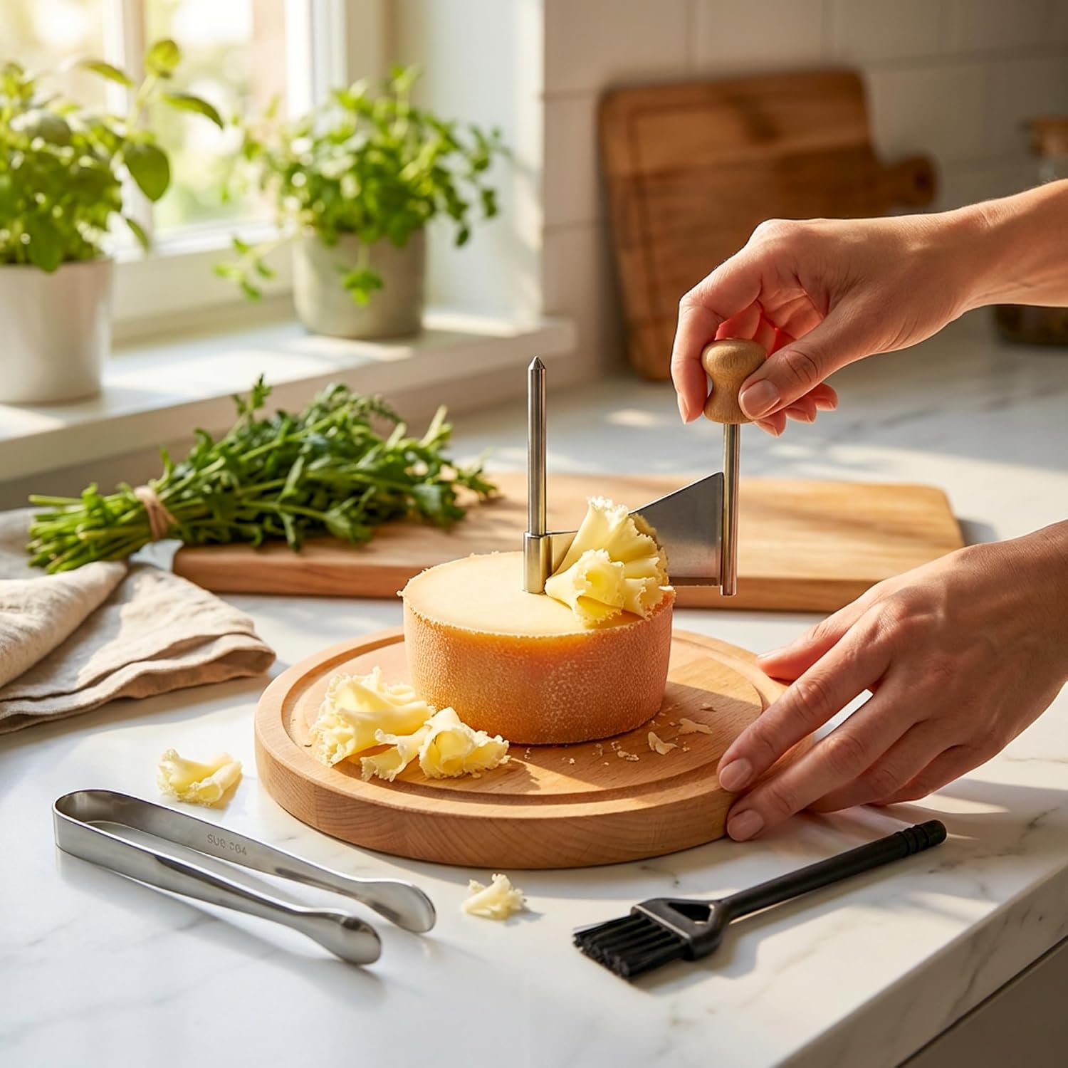 Starry Cheese Curler Wheel for Tête de Moine Style Cheese & Chocolate Cheese Shaver Wheel for Hard Cheese with Stainless Steel Slicer Wooden Base Flower Cutter