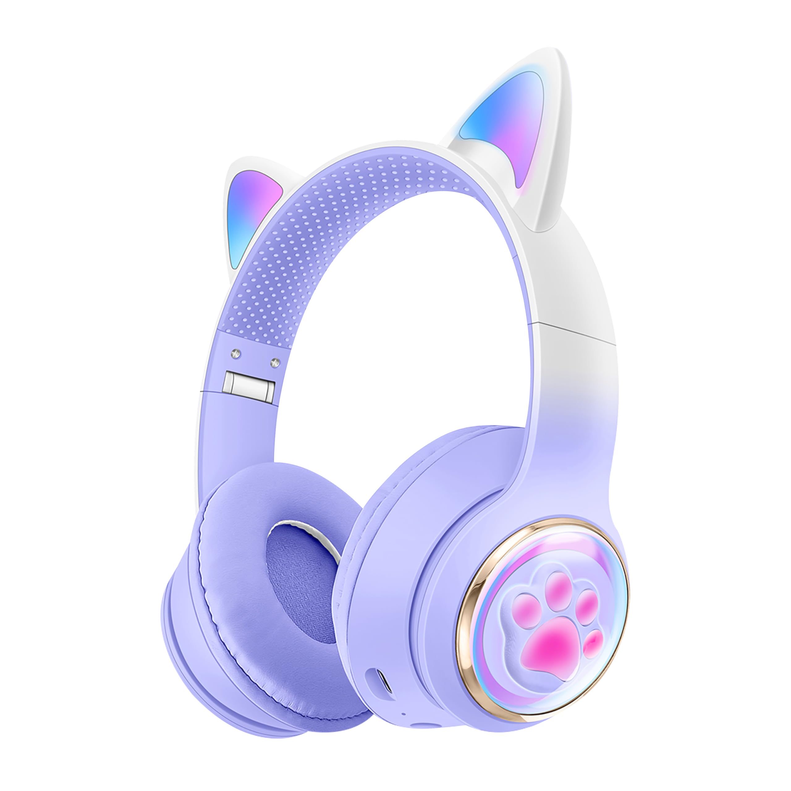 QearFun Cat Kids Bluetooth Headphones with Microphone & 3.5mm Jack, Wireless Headphones with Adjustable Headband for iPad/Tablet/PC - Purple