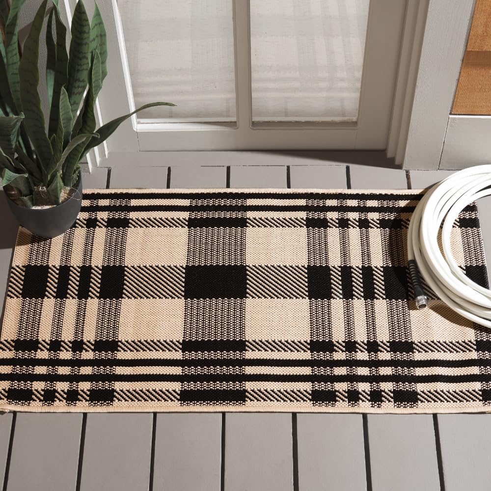 Safavieh Contemporary Rug for Living Room Dining Room, Bedroom - Courtyard Collection, Short Pile, in Black and Bone, 75 x 120 cm
