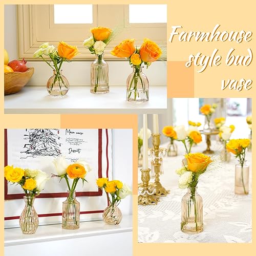 Miniatura 5 de Jarrones de champán a granel, 24 paquetes de jarrón de vidrio ámbar para centros de mesa, pequeños jarrones acanalados para flores, jarrones