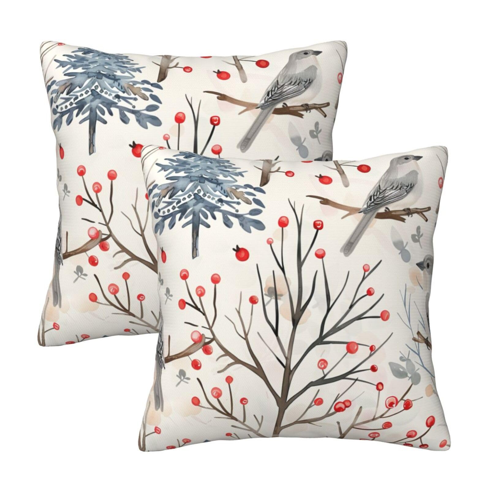 LOHDALOLF Winter Bird Cushion Covers 45x45 cm Set of 2 Watercolor Tree Cushion Cases Christmas Holiday Decorative Pillow Covers for Sofa Couch