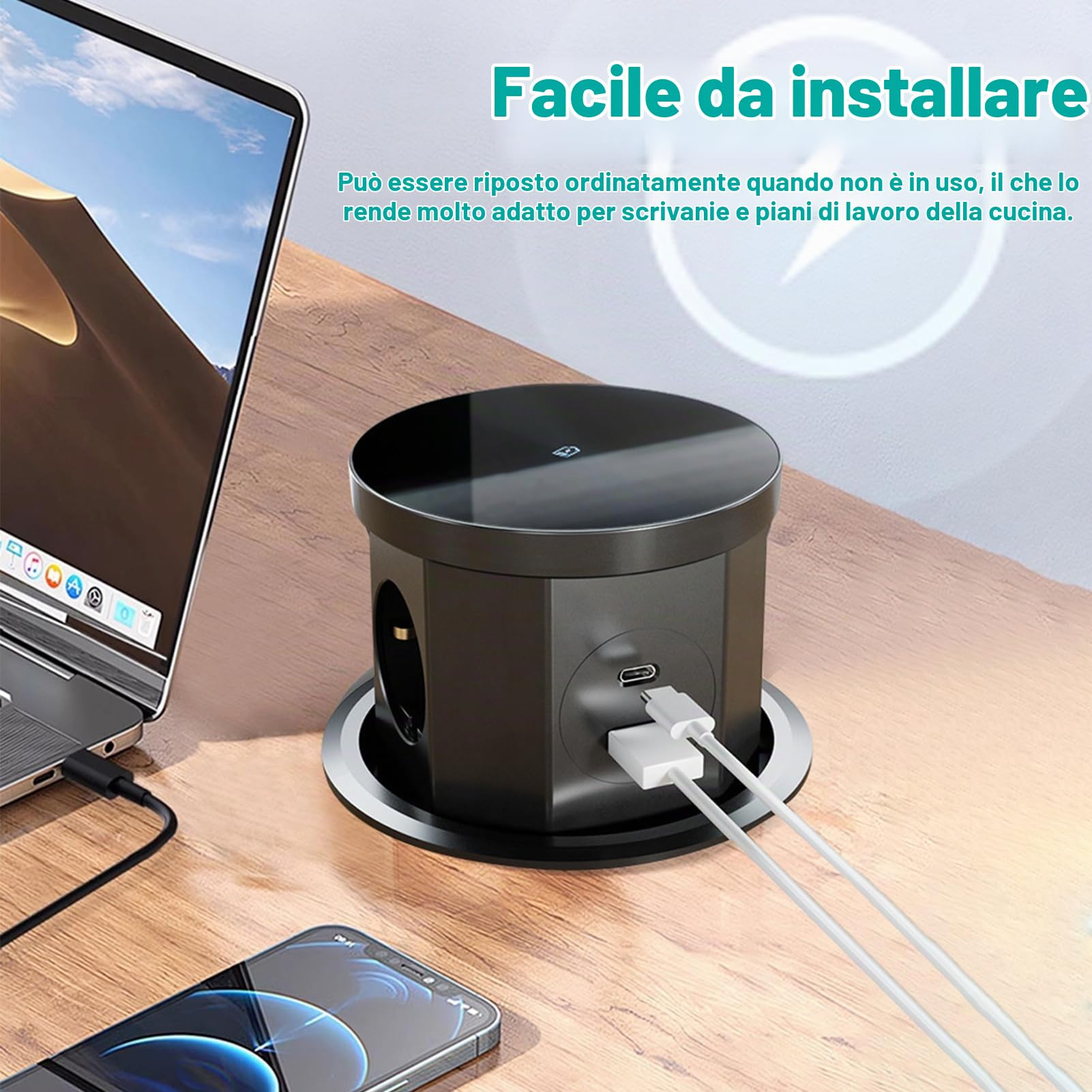 Presa Telescopica,PPresa a Scomparsa 3 Scomparti con 1 USB C 1 USB-A 2500W 16A Cavo Da 1,5M, Ciabatta Per Caricabatterie Wireless Da 15W, Adatta Per Piani Di Lavoro, Cucine, Uffici