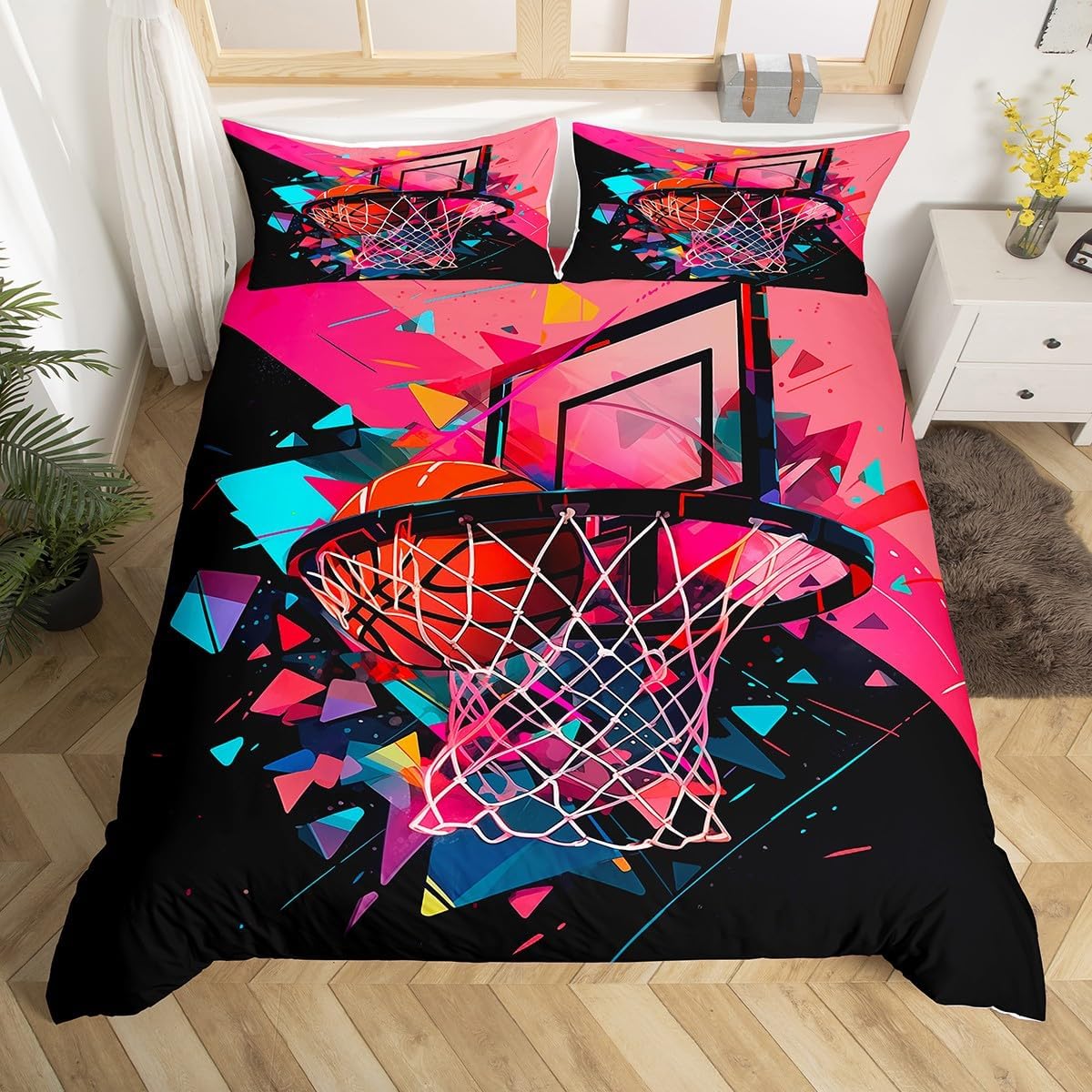 Erosebridal 3D Basketball Duvet Cover Set Sports Theme Duvet Cover for Boys Girls Kids 3D Ball Games Bedding Set Birthday Gift for Basketball Player Room Decor Purple Full Size