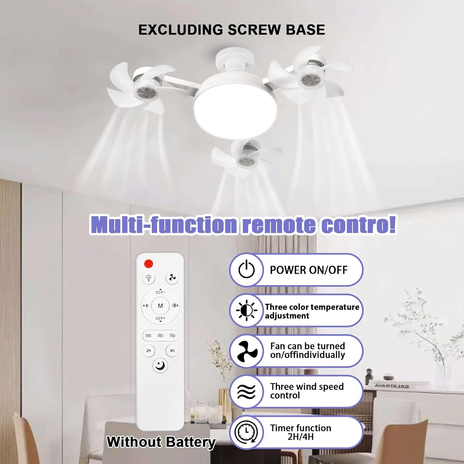 amgolibi Socket Fan Light with Remote, Screw in Ceiling Fan, Light Bulb Fan with Dimmable LED, 3-Speed, Easy Install, Light Bulb for Bedroom, Kitchen, Working Space