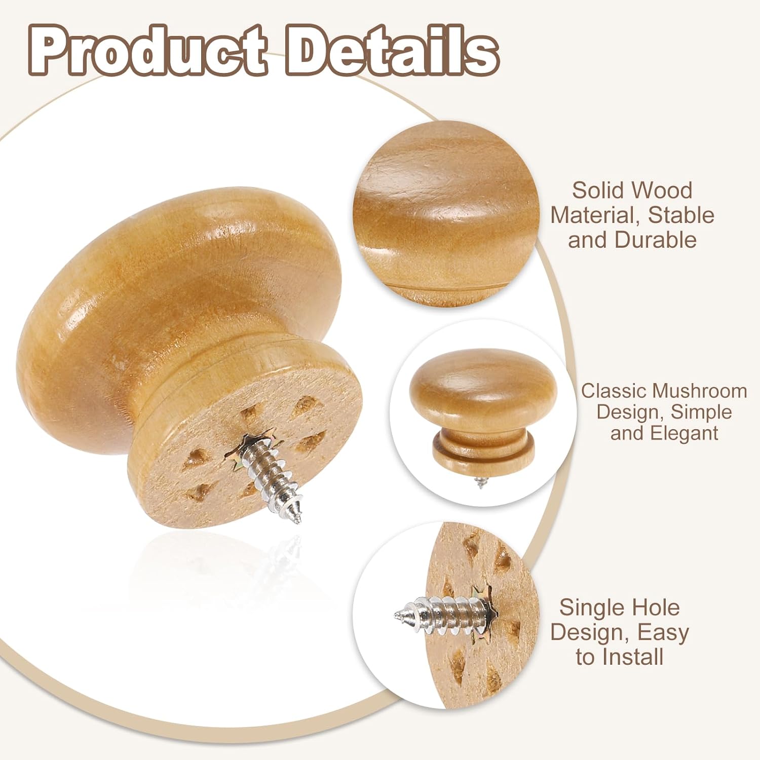 uxcell 8Pcs Round Wood Drawer Knob, 1.54" x 1.06" Self-Tapping Solid Wood Handle Round Cabinet Knob Mushroom Shape Wooden Knobs for Furniture Dresser Wardrobe, Wood Color