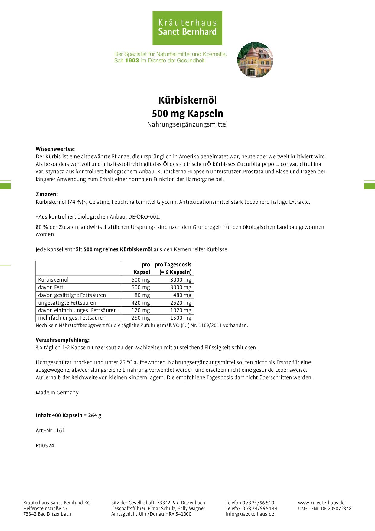 Sanct Bernhard Kürbiskernöl 500 mg Kapseln
