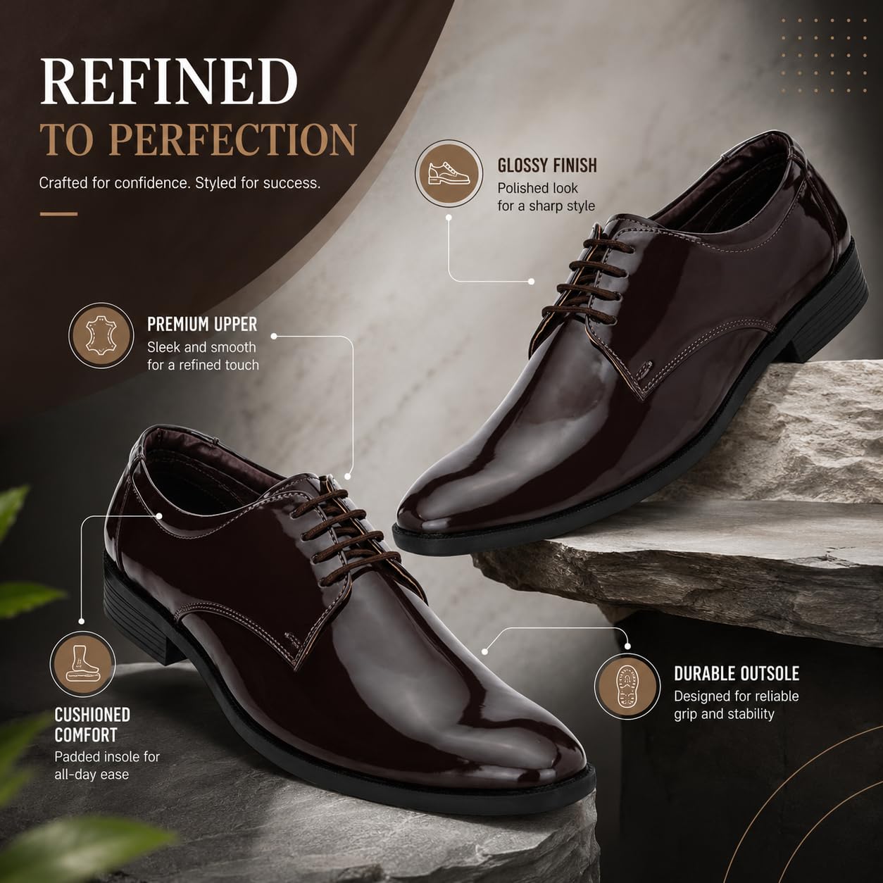 Centrino Formal Shoes for Men | Glossy Lace-Up Derby Dress Shoes | Comfortable Stylish Footwear for Office, Parties & Business Wear | Sleek Classic Design (8233) Brown 4