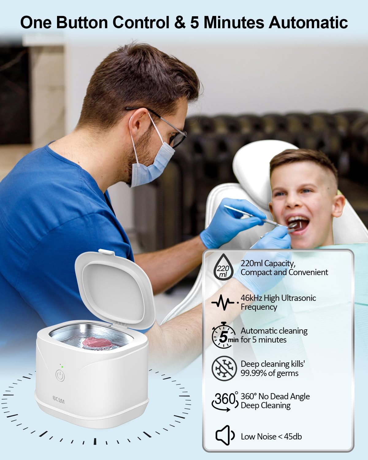 BCOM Soinc Schmuckreiniger, 46 kHz Ultraschallreiniger mit 2-in-1 Schmuckreinigungslösung und 50 ml Halter, professioneller tragbarer Zahnschutz