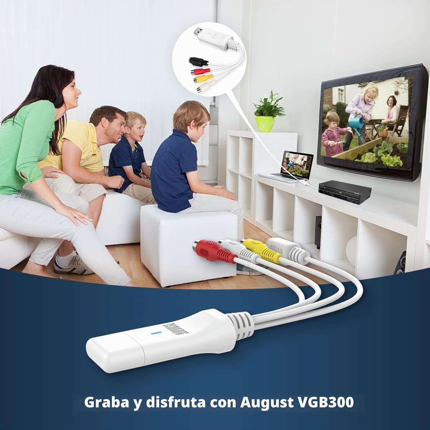 August VGB300 Tarjeta de Captura de vídeo, Grabador de Audio y Vídeo USB Convertidor Capturadora VHS DVD Digital a PC Windows y Mac Captura de Tarjeta USB Compatible con S-Video y Composite In