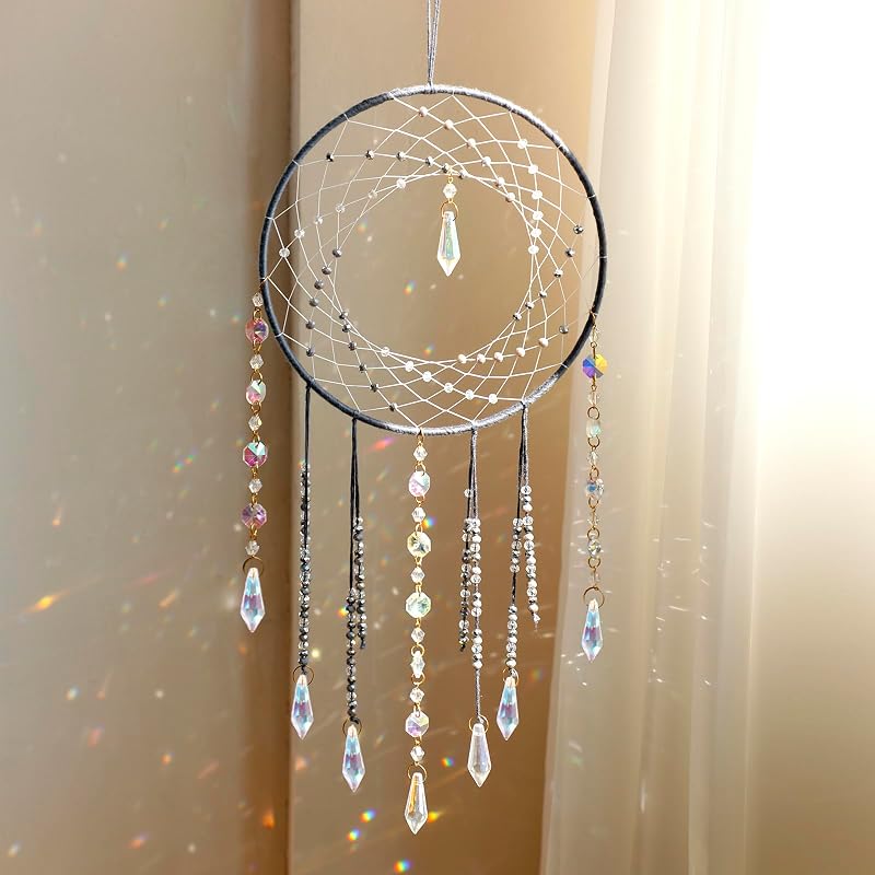 Artilady Dream Catcher Crystal Suncatcher Large, Black Boho Wall Decor | Crystal Prism Sun Catcher, Fairy Moon Wall Decor for Bedroom Living Room Nursery, Rainbow Maker, Teen Girls Boys Gift