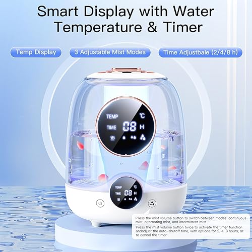 Miniatura 3 de Humidificadores para dormitorio, tanque de 3 litros para 30 horas y 20 dB de tiempo de niebla silenciosa, boquillas duales, luces LED, temporizador