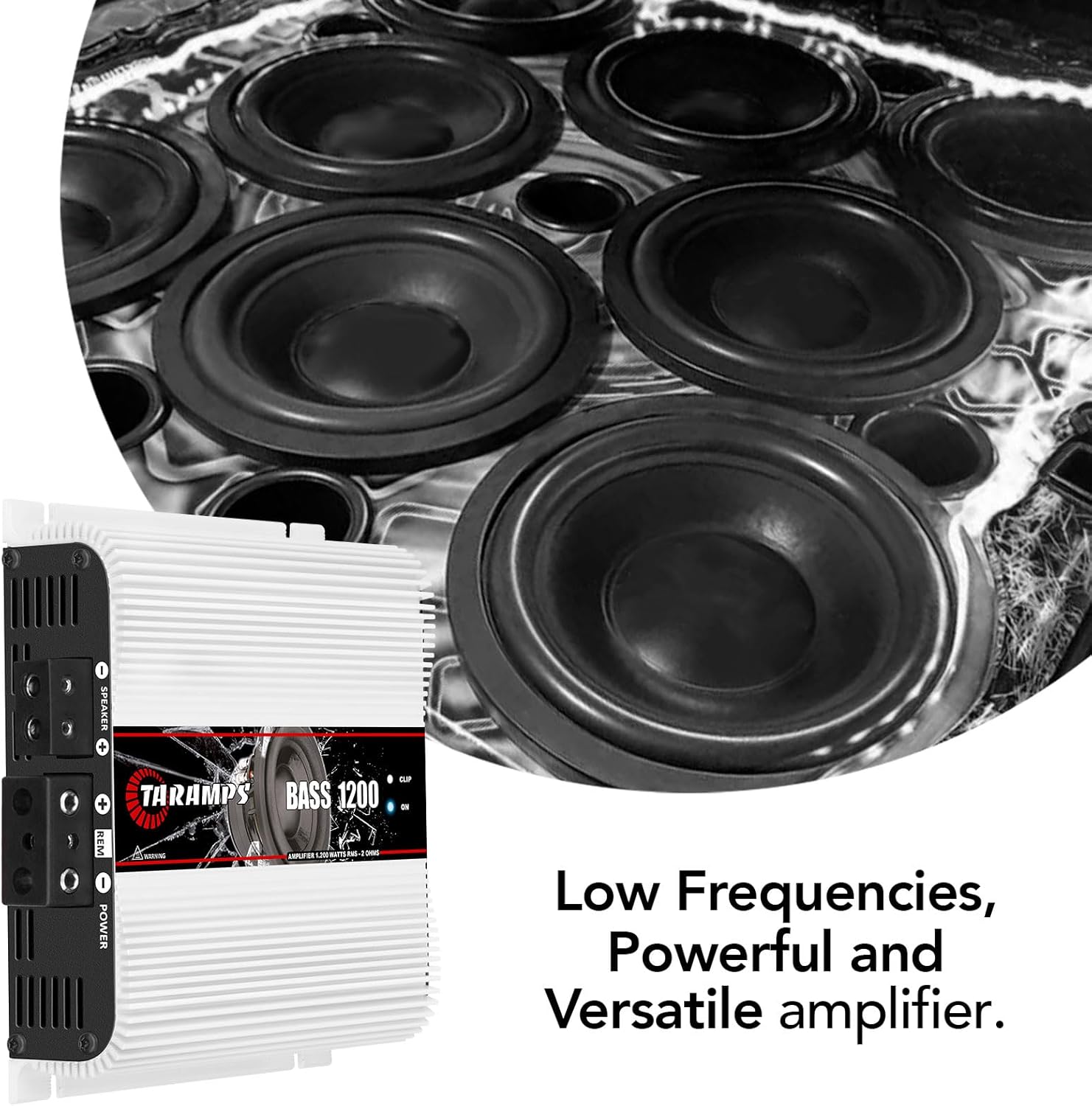 Taramps Bass 1200 2 Ohms Monoblock Amplifier 1200 Watts Rms 1 Channel 14.4VDC Out Power Full Range Great for Sub/Bass RCA Input Smart Cooler Car Audio