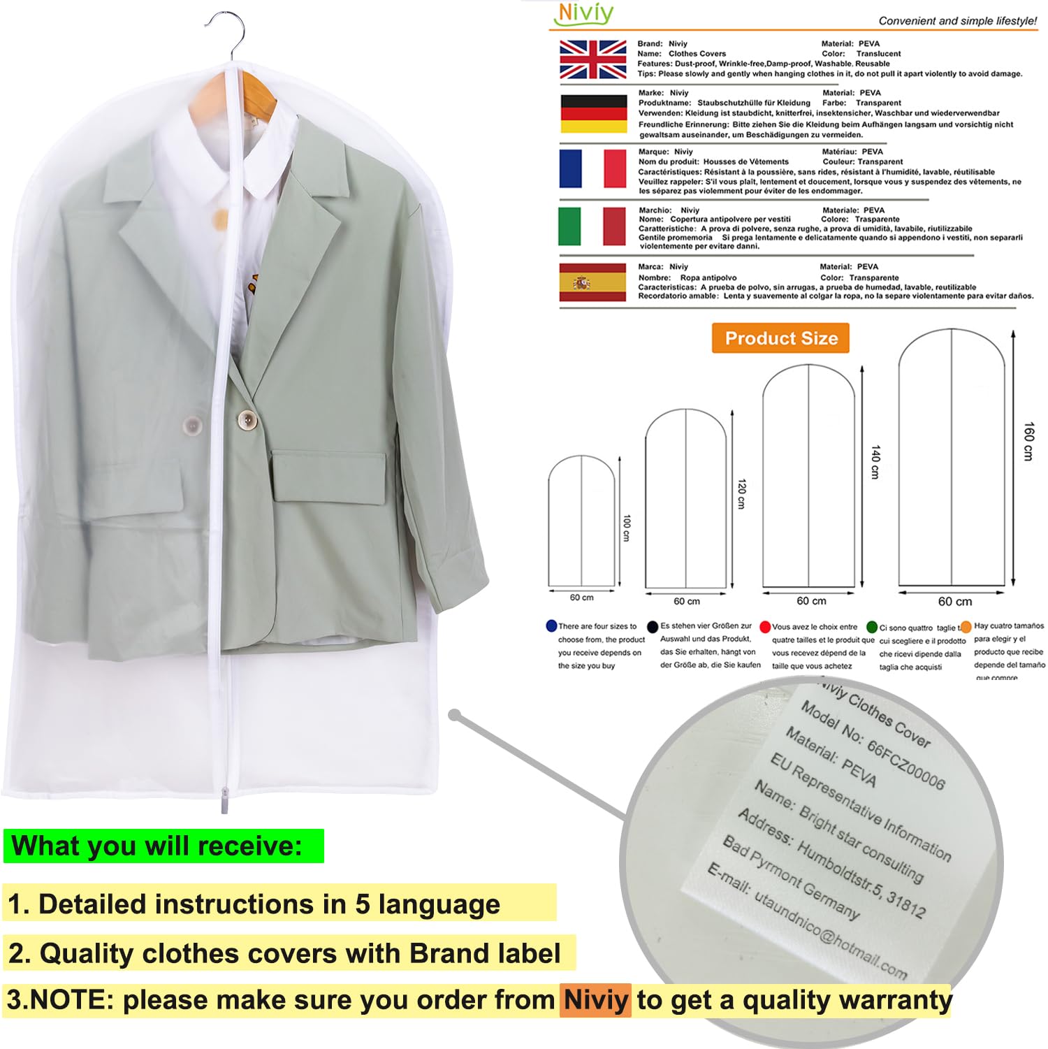 Niviy fundas ropa armario Juego 6 fundas transparentes para ropa de 60x100 cm tejido transpirable para almacenamiento de trajes vestidos abrigos americanas camisas vestidos de noche — view 6