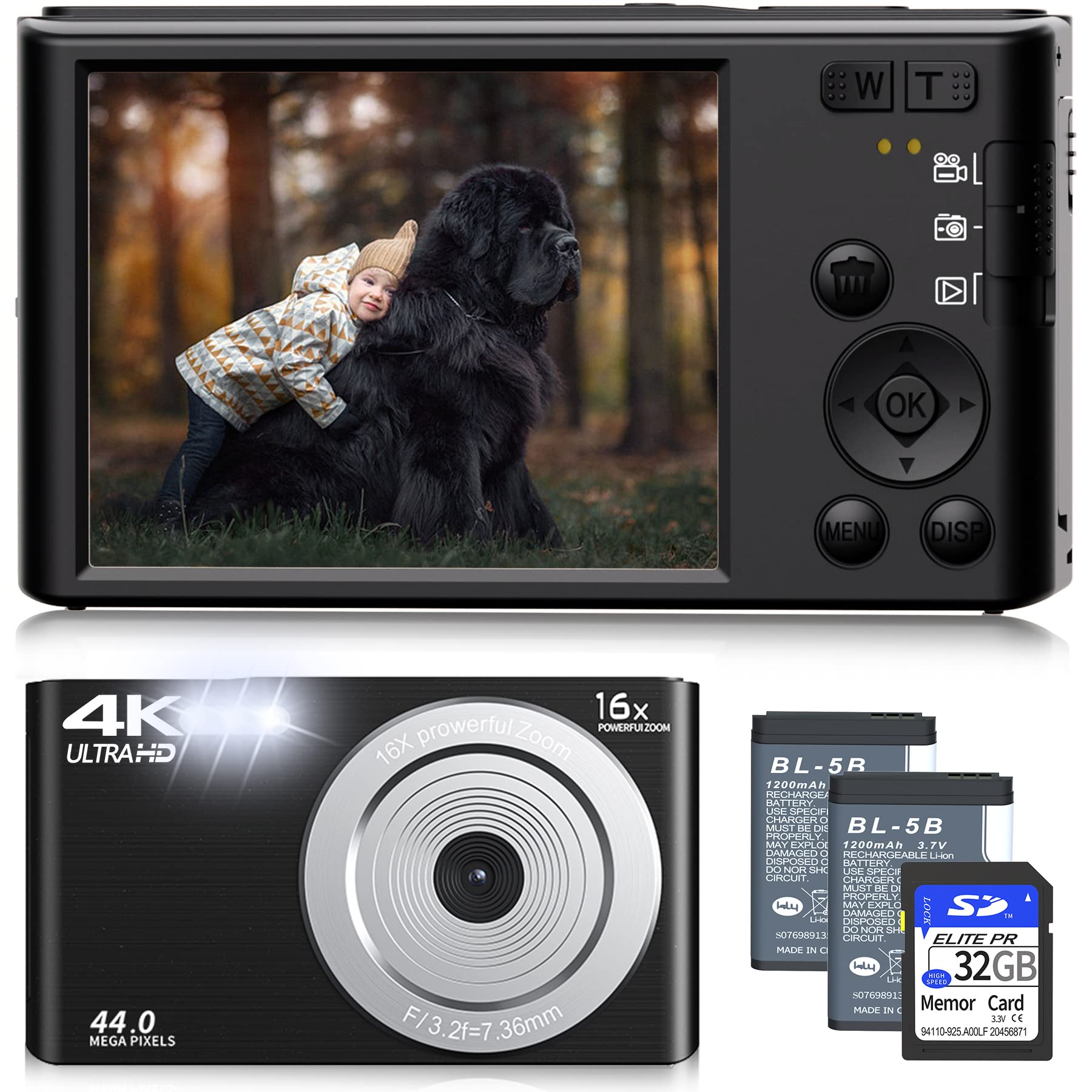 UIKICON Digital Camera, FHD 4K Digital Camera for Kids & Adult, 44MP Vlogging Cameras for Photography, Small Compact Point and Shoot Digital Camera with 32GB SD Card for Beginners,Kids and Teens-Black
