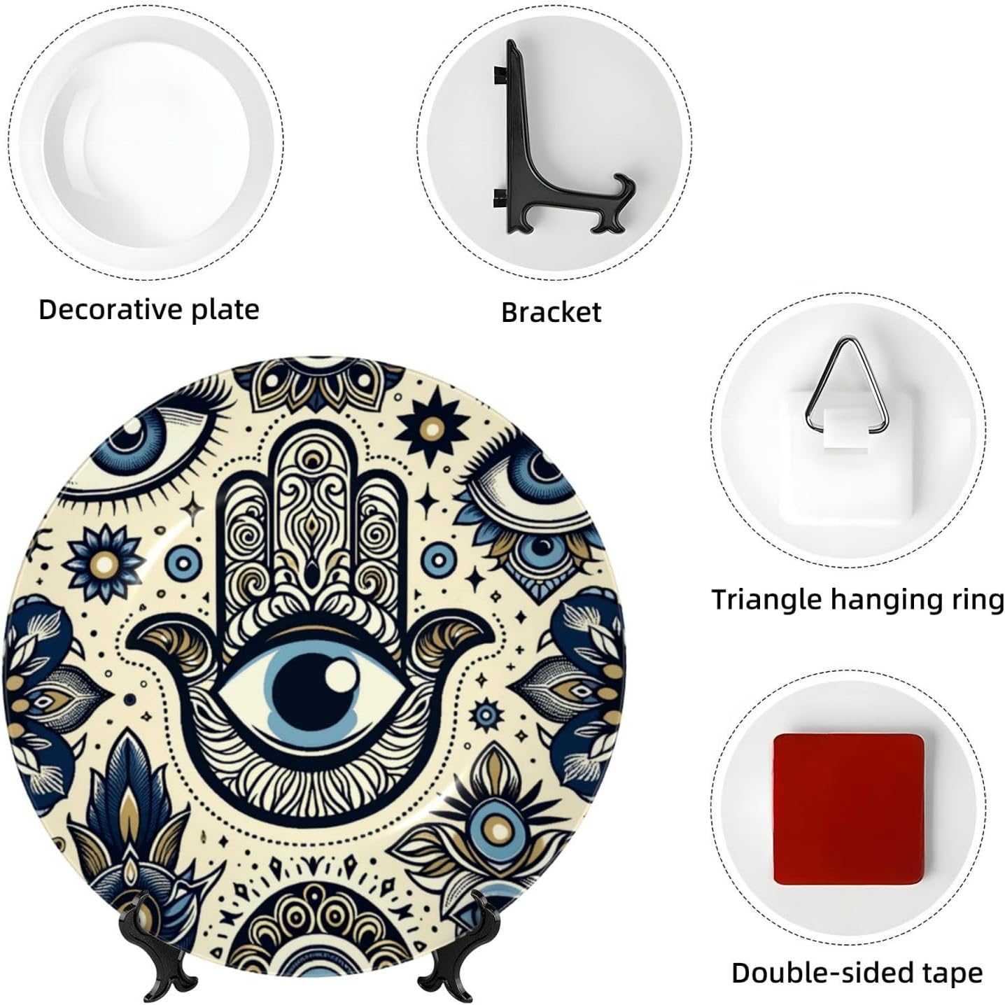 Hand-Magical-Eye-Amulet 10 Inch Decorative Plate With Stand, Elegant Display Wall Plate For Home Decor