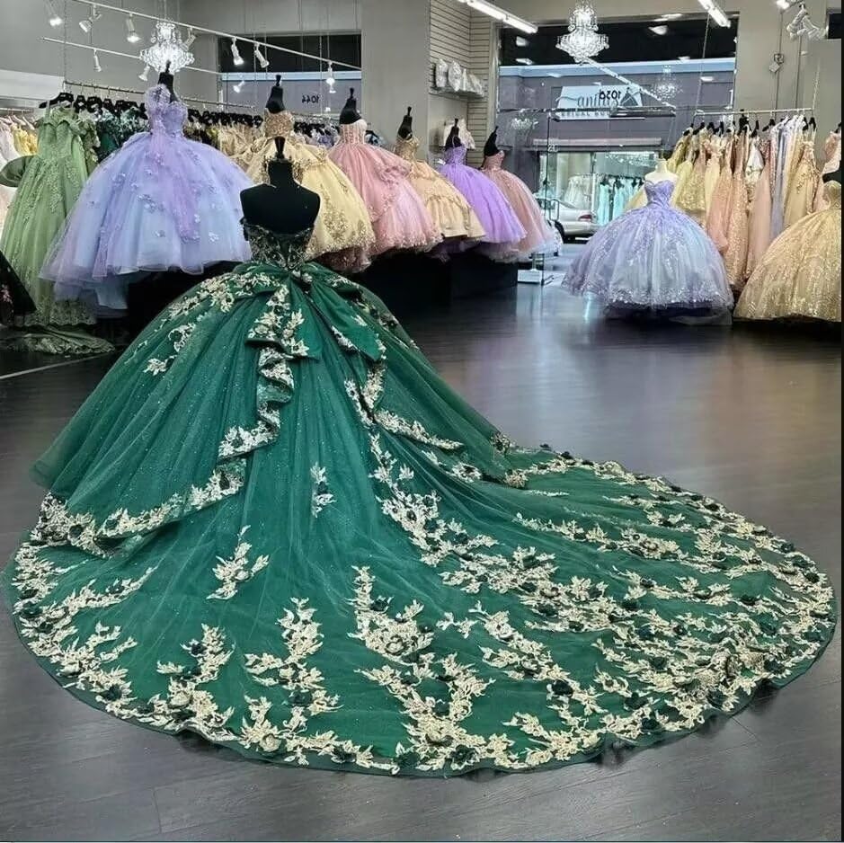 Dark Green and Yellow 3D Flowers Lace Quinceanera Dress with Train Ball  Gowns Strapless Prom 2025, Emerald Green/Gold, 2 : Amazon.ca: Clothing,  Shoes \u0026 Accessories