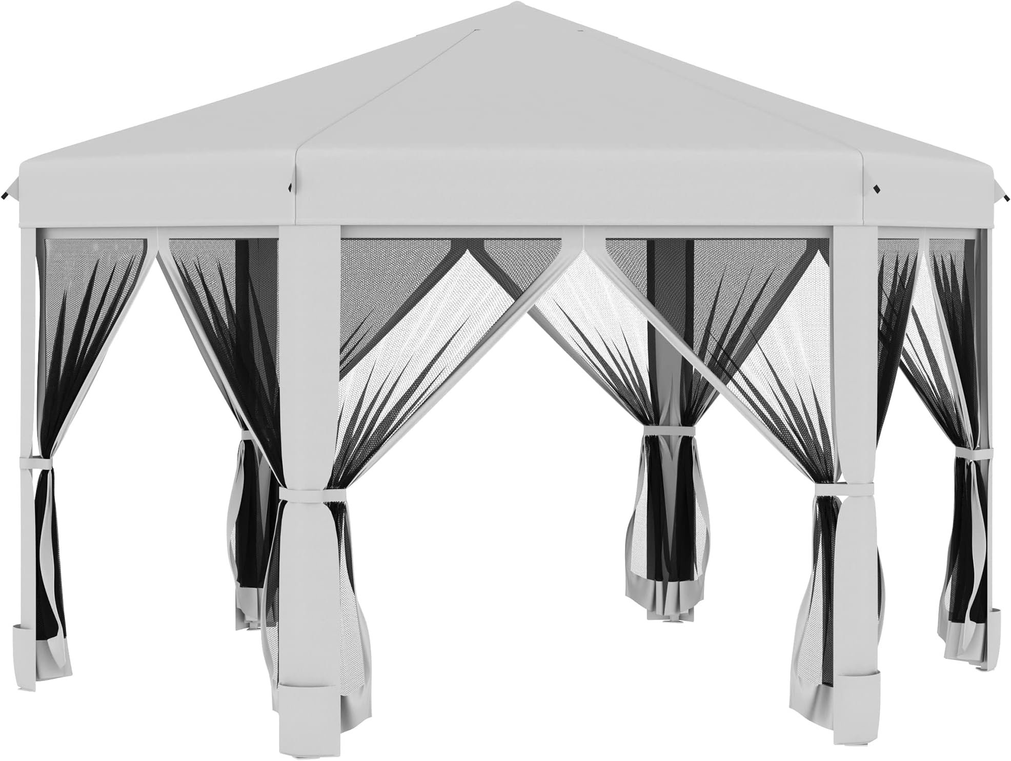 Outsunny 3.2m Pop Up Gazebo Hexagonal Canopy Tent Outdoor Sun Protection with Mesh Sidewalls, Handy Bag, Light Grey